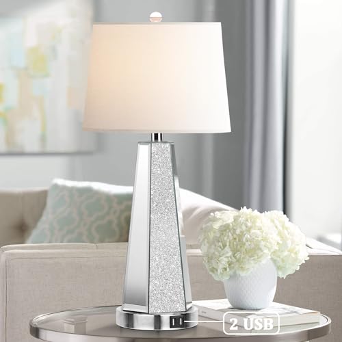 Hamucd Set Of 2 Mirrored Glass Bedside Table Lamps For Bedrooms With 2 Usb Ports Chrome Modern Silver Living Room Lamps For End Tables Glam Comtempory Style Side Nightstand Lamps For Art Deco thumb #3