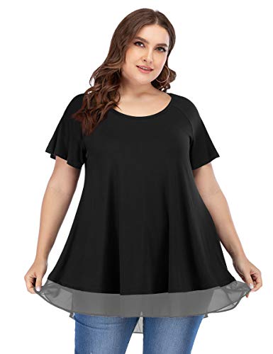 LARACE Women Tunic Tops For Leggings Chiffon T-shirt Plus Size Short Sleeves Flowy Shirt(Black 3X)
