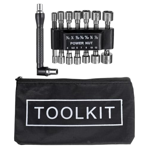sourcing map 16pcs Power Nut Driver Drill Bit Set 3/16-7/16 5-12mm Metric SAE 6-Point Drill Socket 1/4 Hex Shank with L-Shaped Manual Wrench and Storage Bag