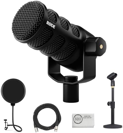 Rode PodMic USB and XLR Dynamic Podcasting Microphone | Black Bundle with Pop Filter + Desktop Microphone Stand + XLR Cable + Cleaning Cloth (5 Item)