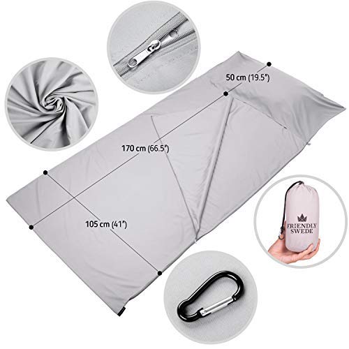 The Friendly Swede Sleeping Bag Liner Cold Weather, Soft Travel Sheets For Hotel, Camping Sheets, Adult Sleep Sack, Travel Sleeping Bag - With Stuff Sack - Microfiber Cotton Feel - Grey (Zipper) #TOP2