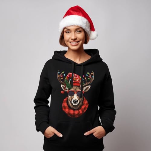 Weihnachtspullover Cooler Elch - Hoodie mit Schaal und Lichterketter - Pulli für Weihnachten für die ganze Familie - Herren & Damen (DE/NL/SE/PL, Alphanumerisch, L, Regular, Regular, Schwarz)