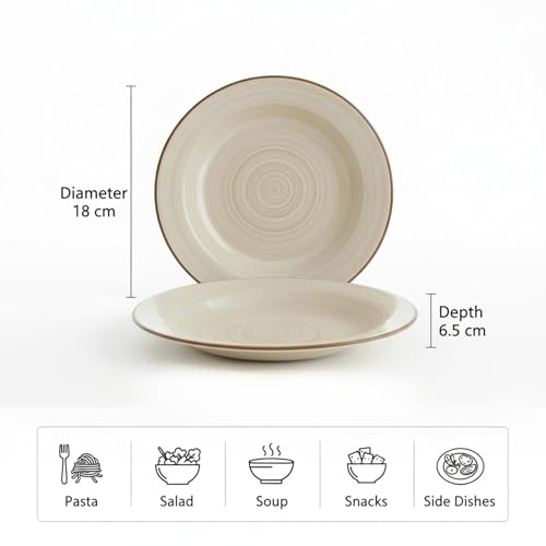 Image of Pasta Bowl Set of 2 | 7 Inch, Deep Soup & Salad Serving Plates | Microwave & Dishwasher Safe Big Bowl | Stylish Kitchen Tableware for Pasta, Soup & Everyday Dining (2, Beige)