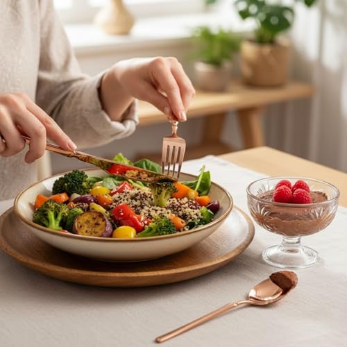 Image of 20 Pcs Rosegold Cutlery Set for Dining Table the Perfect Lightweight Silim Handle Tableware Including Dinner Spoon, Dinner Fork, Dinner Knife, Dessert Spoon & Dessert Fork