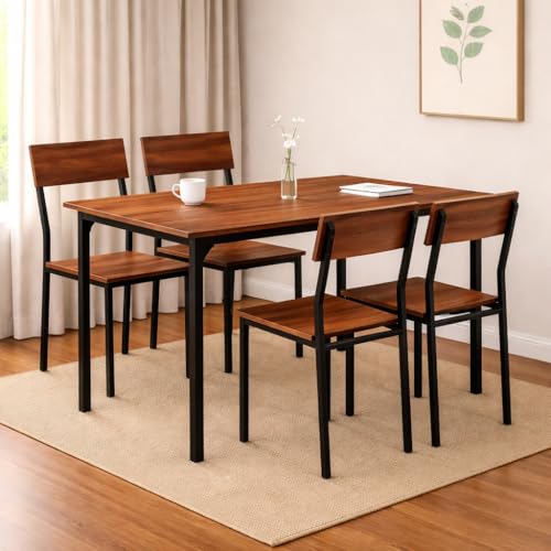 Image of Dining Table Set of 4, 4 Seater Dining Table with Chairs, Engineered Wood Top & Metal Frame, Space Saving Compact Rectangular Dining Table for Home & Kitchen (Teak Walnut- DIY)