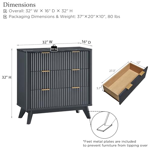 Image of T4TREAM Fluted 3 Drawer Dresser, 32 inch Tall Modern Chest of Drawers with Faux Marble Top, Curved Profile Design, Wood Drawer Organizer for Bedroom, Living Room, Hallway, Entryway, Dark Grey