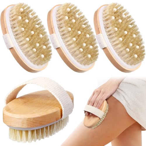 Reallnaive 4 Pc Dry Brushing Body Brush Set with Massage Nodule for Lymphatic Drainage & Dead Skin Removal