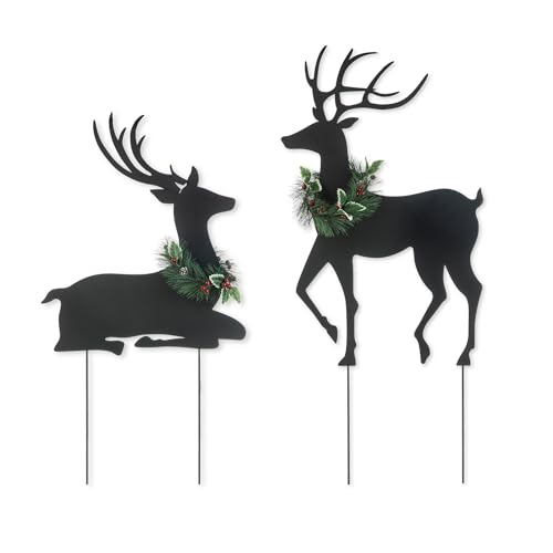 Glitzhome Set of 2 Metal Silhouette Reindeers Yard Sign with