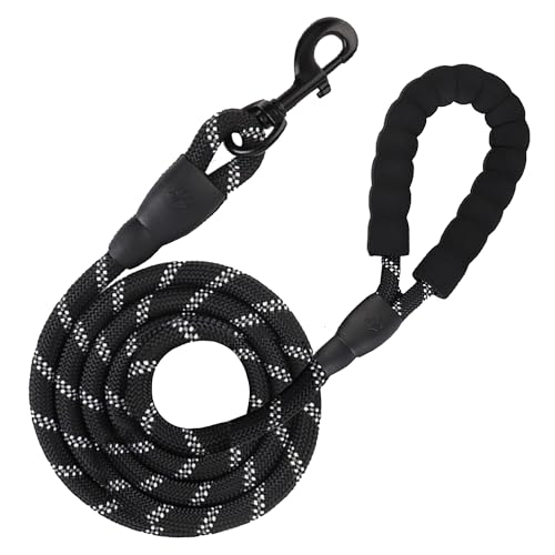 SunGrow 2 ft Nylon Dog Rope Leash, Large Dog Training Tool with Padded Handle & Heavy-Duty Metal Clasp, Reflective, Lightweight & Travel-Friendly for Medium, and Large Dogs, Black