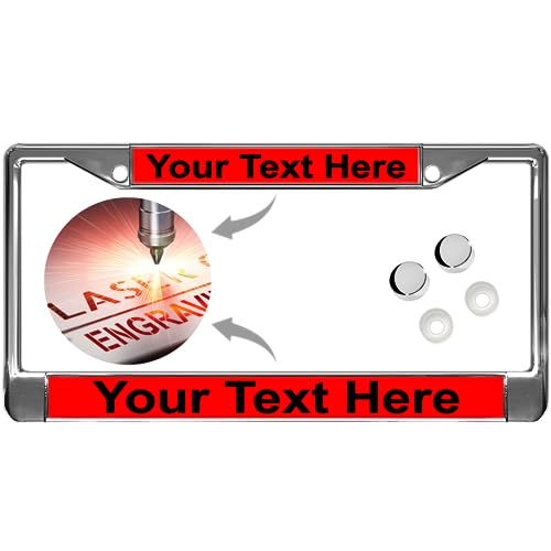 Image of Custom Personalized Chrome-Plated Metal Laser Engraved Standard Size - Car /Automobile License Plate Frame with Free caps - Red /Black Text (Qty: 1 Frame)