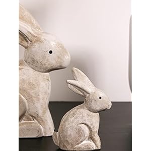 DN DECONATION Wooden Antique White 3D Bunny Rabbit Figurines for Spring Easter Decor Gift Set of 2