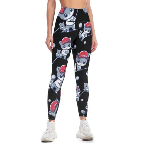 Cute Cat Playing Golf Golfer Leggings High Waisted Yoga Pants