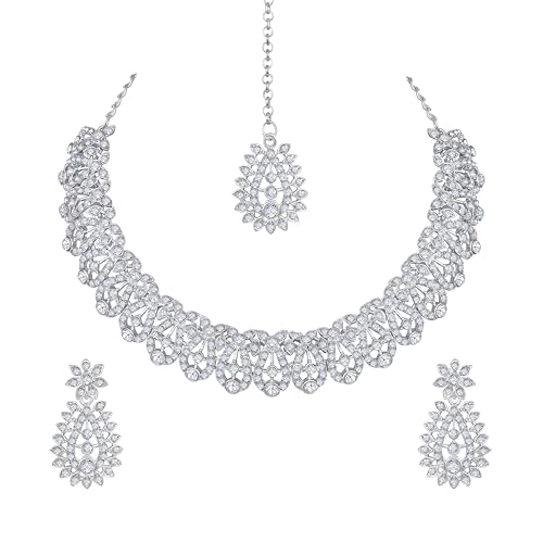 Image of Atasi International Silver Plated White Crystals American Diamonds Stylish Necklace Set with Earrings and Maang Tikka for Women and Girls | Stylish Jewellery for Party, Wedding and Festive Occasions (R6152)