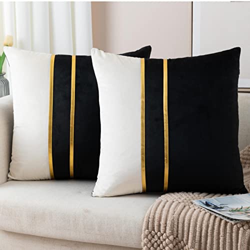 ZLINA 16x16 velvet patchwork pillow covers with gold leather stripe