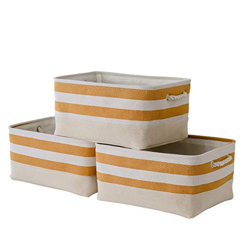 tegance Storage Baskets Fabric Baskets [3-Pack] Gift Baskets Empty for Storage, Cloth Baskets with Handles, Baskets for Shelves, Nursery Baskets for Organizing Toys, Clothes (Yellow-White Stripe)