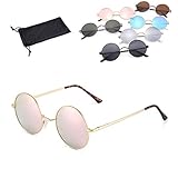 Retro Vintage Sonnenbrille rund verspiegelt mit rundem Metall Metal Stabil Metallrahmen Brille für Frauen und Männer (gold - rosa verspiegelt)