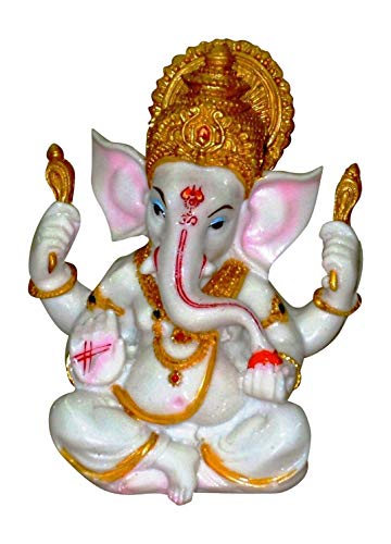 Estatua Blanca y Dorada de Lord Ganesh de Polvo de Mármol miniatura 1