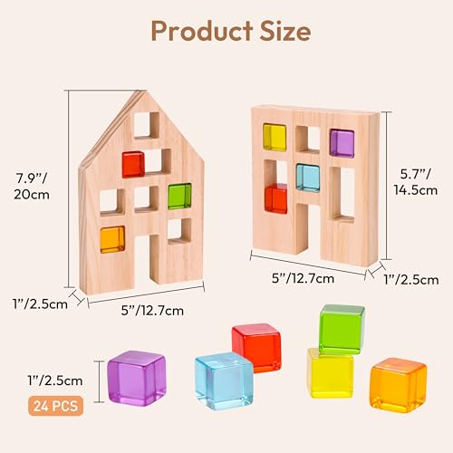 Image of Woodtoe 24 PCS Rainbow Blocks Set, Wooden Building Blocks for Kids Ages 3-6 | Montessori Stacking Toy, Educational STEM Sensory Activity, Creative Building Game, 2 Wood House, Birthday Toy for Boys Girls