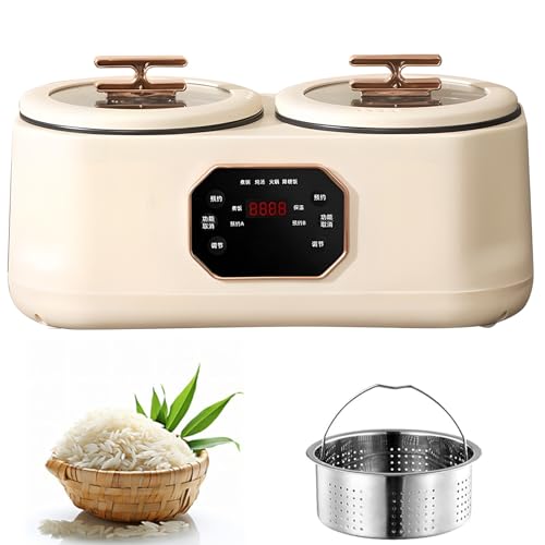 FHRKA Double Slow Cooker, 3.4L Double Spelling Rice Cooker, Comes with 1 Steamer, Keep Warm, Preset Timer, 6 Functions