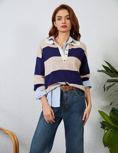 Image of Womens Striped Sweater Rugby Polo Shirts Y2k Collar Pullover Tops | Rugby Shirt,Long Sleeve Knit Top,Lapel V Neck Jumper,Oversized,Casual Outings Streetwear,Preppy Sweater,Fall Winter Clothes