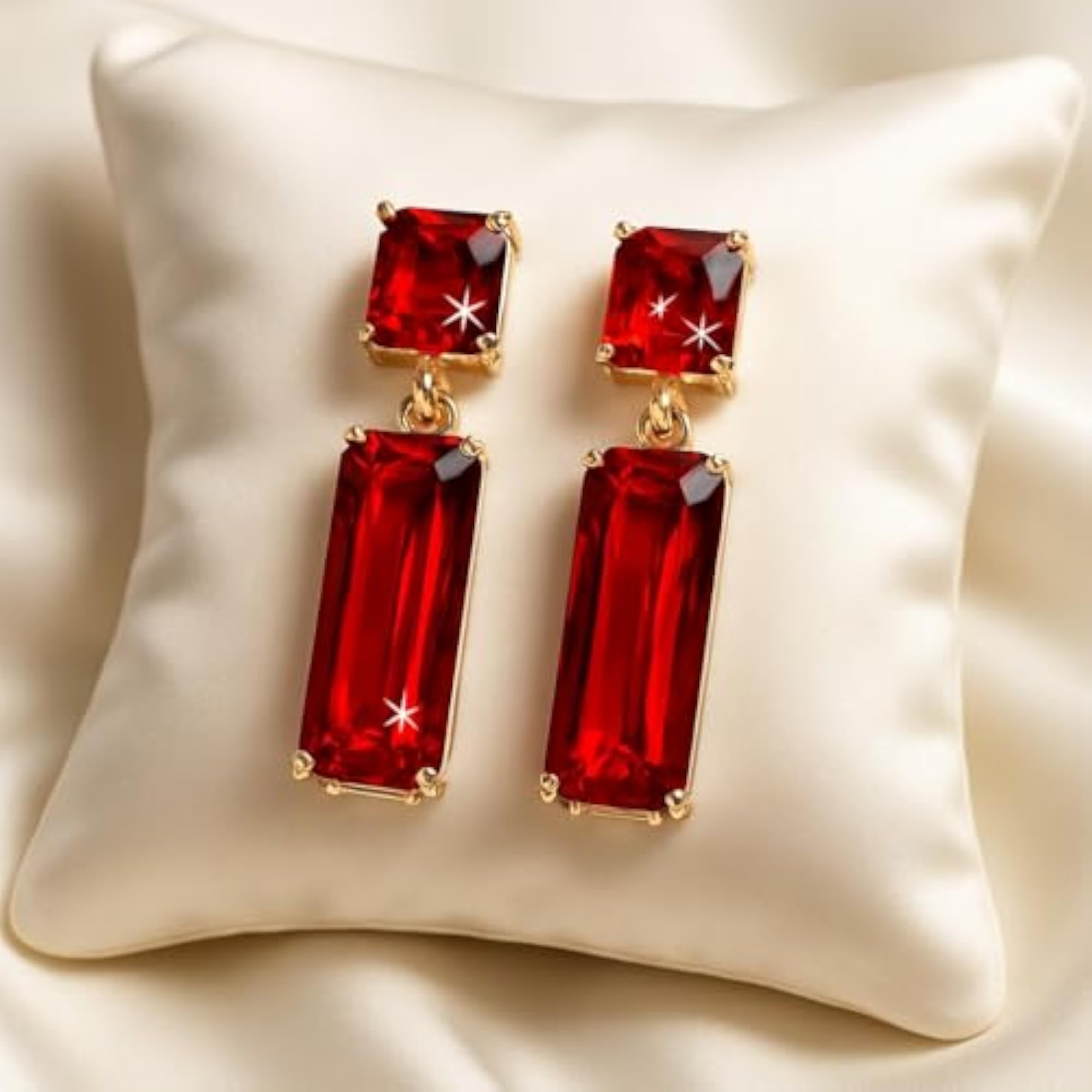 Women's Red Rectangular Crystal Long Korean Earrings Set