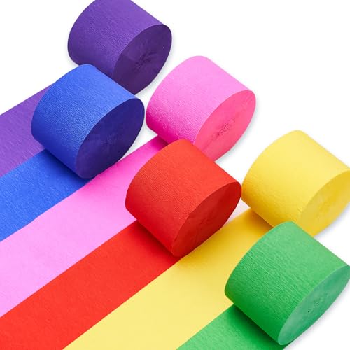 Image of PartyWoo Rainbow Crepe Paper Streamers 6 Rolls 492 ft Pack of Assorted Colors Rainbow Crepe Paper for Graduation Baby Shower Gender Reveal Birthday Party Decorations (1.8 Inch x 82 Ft /Roll)