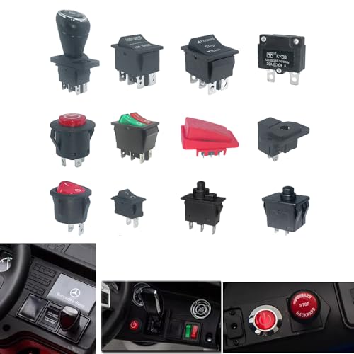 14PCS Set of Switch Kit for Power Wheels Kid\'s Ride on Toys Replacement Parts, Foot Pedal/Forward Stop Backward Shift/Push Button Power Supply/Reverse Handle Gear/High&Low Speed/Charging Port/Fuse