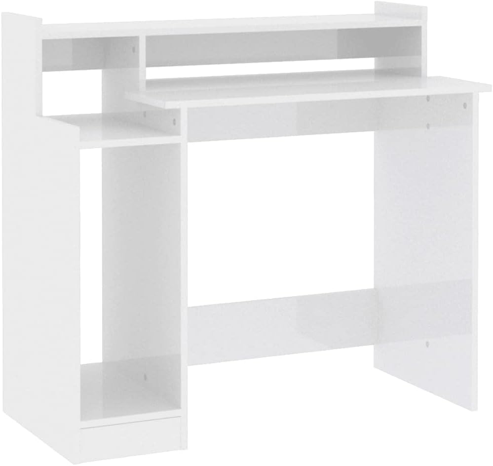 vidaXLDesk with LED Lights Home Office Furniture Bedroom Standing Computer Study Writing LED Desk with Storage High Gloss White Engineered Wood