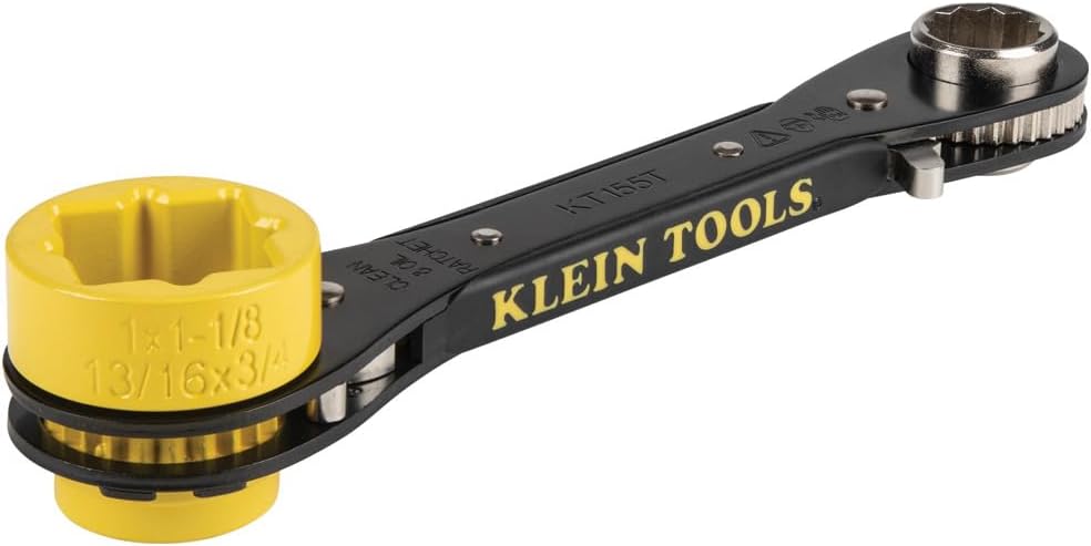 KLEIN TOOLS KT155T 6-in-1 Lineman's Ratcheting Wrench with Bolt Through Design and Bright Yellow Socket