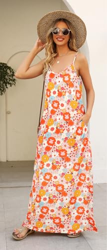 Image of Supnier Women's Summer Maxi Dress Casual V-Neck Sleeveless Bohemian Spaghetti Strap Floral Long Maxi Dress with Pockets