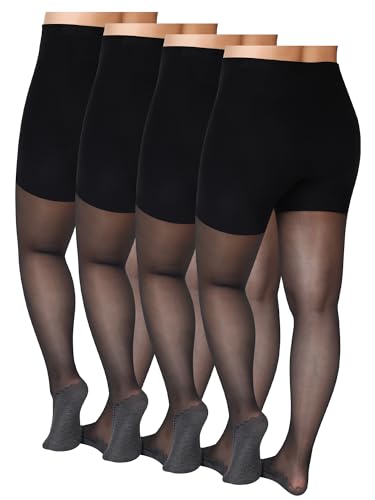 Image of Chuarry 4 Pairs Plus Size Women's Sheer Pantyhose Silky Anti Slip Cotton Sole Socks Reinforced Toe Nylon Tights High Waist Stockings for Women, XX-Large, Black