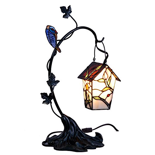Bieye L10617 Birdhouse Hang On Branch Tiffany Style Stained Glass Accent Table Lamp, Night Light, 21 Inch High #TOP24
