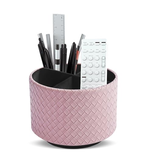 Hennaja Round Leather Art Supply Organizer,Remote Control Holder,360 Degree Spinning,Multi-Functional Pencil Holder,4 Compartments Desktop Stationary Organizer(1-Weave Purple)