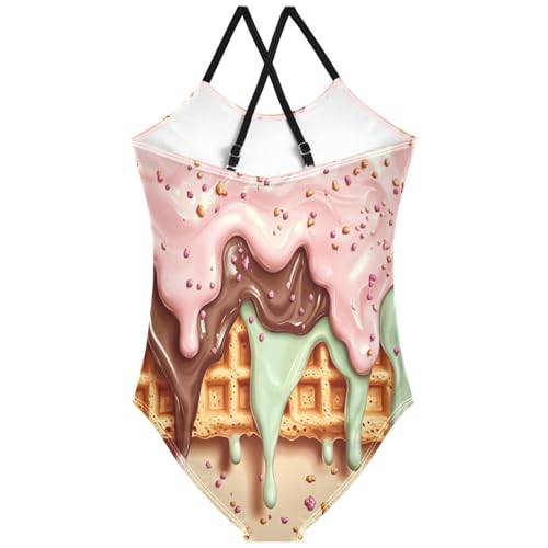 Pigsaly Girls One Piece Swimsuits Caramel Chocolate Light Green Mint Pink Glaze Ice Cream Kids Cross Back Swimwear 3T2
