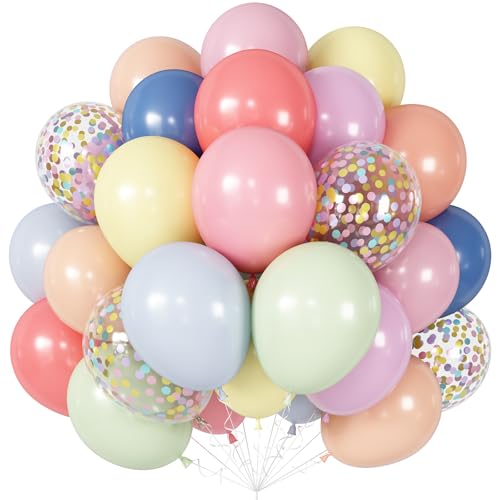 Image of Pastel Balloons 60pcs 12 Inch Macaron Pastel Pink Blue Yellow Mint Lavender Rainbow Latex Balloon with Colorful Confetti Balloons for Baby Shower Bridal Shower Ice Cream Birthday Wedding Party Decor