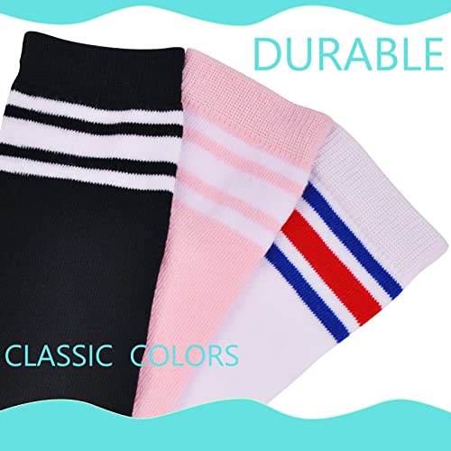 Lo Shokim 3 Pairs Toddler Knee High Socks Kids Soccer Socks Girls Three Stripes Tube Socks Over The Calf School Uniform Stockings Athletic Boys Children (Black+Pink+White&Red Blue,5-7 Years) #TOP5