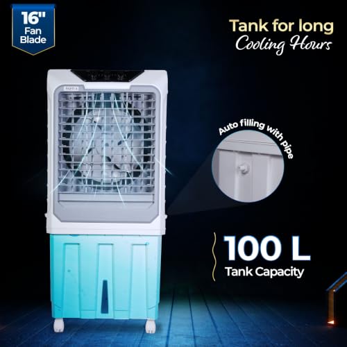 Image of Mighty 16 Desert Air Cooler | 16 Inch Special Bent-Edge Blade, 100L Tank, 5190 m /hr Air Delivery | Covers 350 Sq Ft | Honeycomb Pads, Aluminium Motor, Closed Louvers, Wheels | White & Grey
