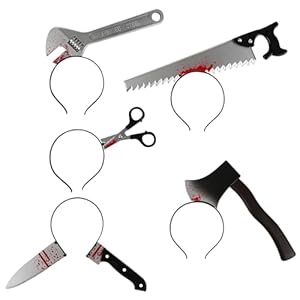 GWAWG 5Pcs Halloween Scary Props, Creepy Bloody Knife Scissors Saws Axe Tools Headband Halloween, Joke Toys Headband Through Head Effect
