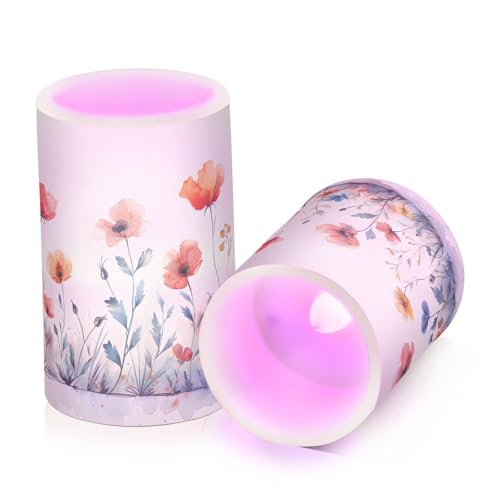ALAZA Watercolor Flowers Flickering Flameless Candles Battery Operated with Remote Timer,Tea Light Candles LED Pillar Votive Candles set of 2 for Outdoor Indoor Decorations