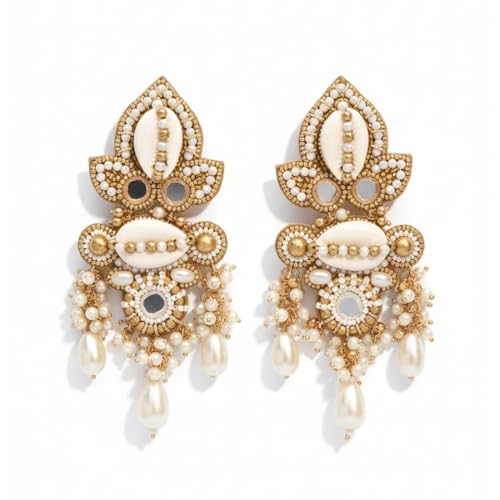Image of SANJOYA by EVERSTYLISH Embroidered Earrings for Women | Shell, Beads & Pearl Drop Statement Dangler Earrings | Ethnic Jewelry for Weddings, Festivals & Special Occasions