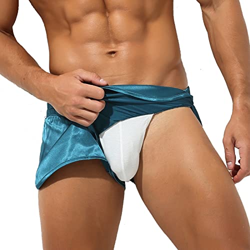 Yufeida Men's Athletic Supporters Silky Jockstrap Boxers Lightweight Active Shorts Large Side Split Satin Boxers (Green, Xl) #TOP3