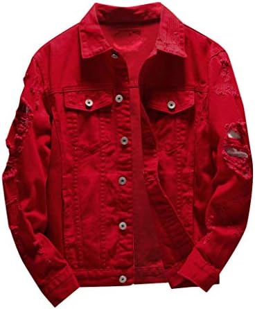 Jean Jacket for Men, Classic Ripped Hip Hop Motorcycle Mens Denim Jacket with Hole (Red, 3XL)