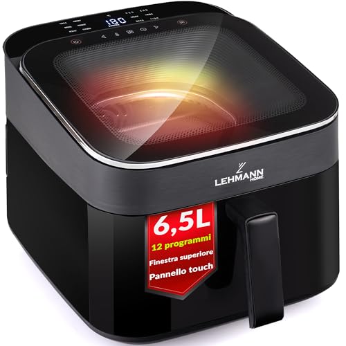 LEHMANN Friggitrice ad Aria XL 6,5L, Air Fryer con Finestra Panoramica Superiore e Illuminazione Interna, Display Touch, 12 Programmi, Promemoria di Agitazione, Griglie Lavabili in Lavastoviglie