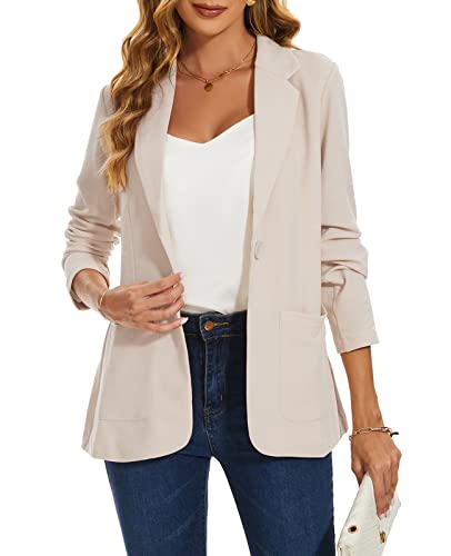 MINTLIMIT Womens Blazers Suit One Button Suit Notched Lapel Jacket Elegant Formal Business Size 12 14 (WH-Beige M) - Image 4