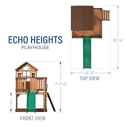 Image of Backyard Discovery Echo Heights Elevated Cedar Wooden Kids Playhouse with Wave Slide, Play Kitchen, Wrap-Around Deck, Flat-Step Ladder, Half Door, Windows, Bell, and Growth Chart for Outdoor Play