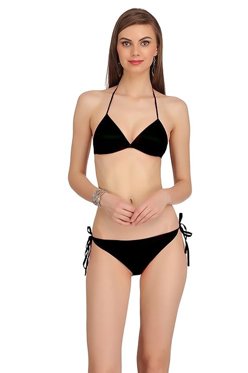 GenericCulture Flossy® Women's Poly Cotton String Two Piece Halter Top Triangle Bikini Set with Tie Side Bottom Sexy Swimsuit Black