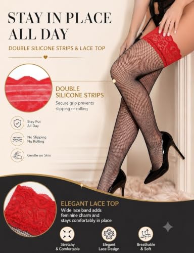 Image of ohyeah Women Fishnet Plus Size Thigh High Stockings XS-5XL Silicone Stay Up Lingerie Lace Top Pantyhose Hosiery
