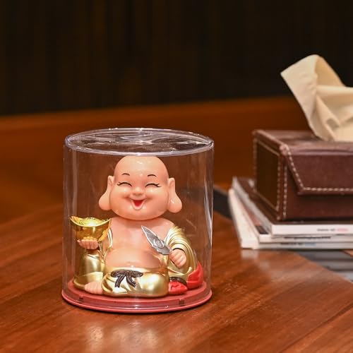 Image of ZAICUS Laughing Buddha Showpiece Holding Ingot & Fan | Home & Office Decor | Golden Baby Monk IdolFeng Shui Vastu Decorative Figurine for Good Luck & Prosperity | Gift for Housewarming