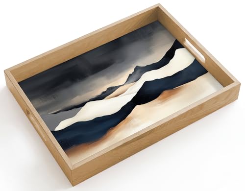 Image of OnlyWow© Serving Platter Rectangular 40x30 cm Wooden Tray Trays For Food Decorative Breakfast Drinks Dinner Coffee Tea Handles Non Slip Mountains - Dark blue - Landscape