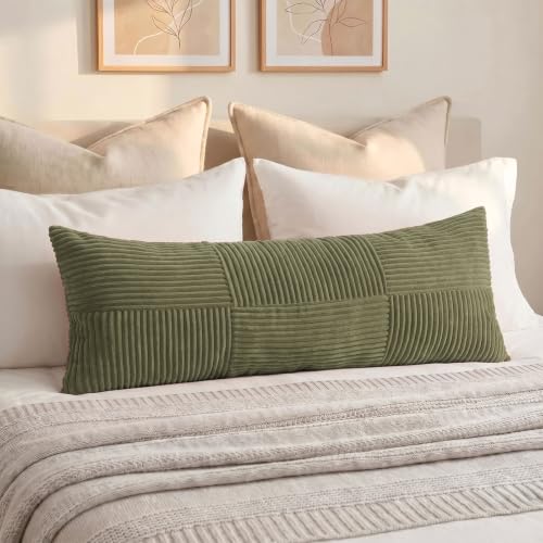 Image of Fancy Homi Set of 2 Olive Green Boho Long Lumbar Body Decorative Throw Pillow Cover 14x36 Inch for Bed Couch Bedroom Bench, Soft Patchwork Corduroy Textured Pillow Case, Rustic Farmhouse Room Decor